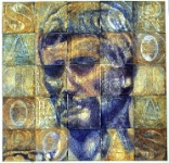 MM-Auguste 00  'Augustus  MM 1'- one of the Gutenberg series -  25 of a set of 38 letter plates 12 x12 cm printed intaglio and overprinted in relief colour and then collaged. (SATOR AREPO TENET OPERA ROTAS  - a word square found at Pompei)